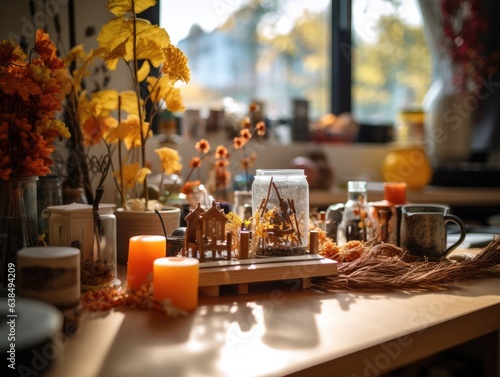 A DIY crafts table is laden with materials for autumnal decorations; in the blurred backdrop, a cozy living room comes to life with warm colors and soft lighting.