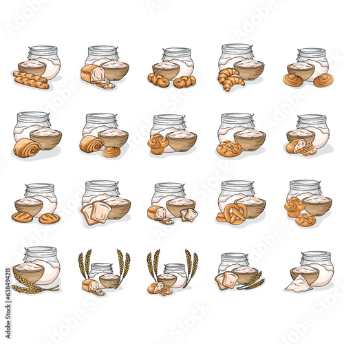Flour bags, shovels and ears of wheat. Vector illustration.