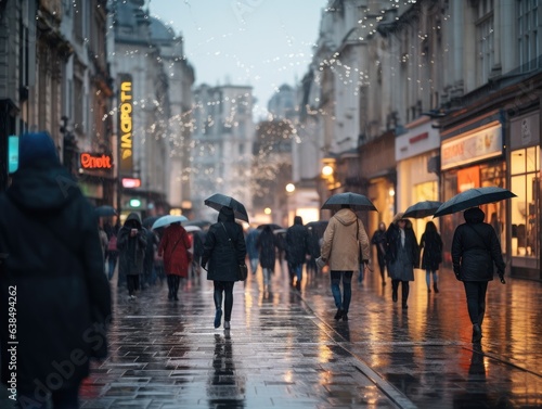 On a rain-soaked city street, pedestrians clutching umbrellas make their way, the distant traffic lights and vehicles blur into a soft-focus backdrop.