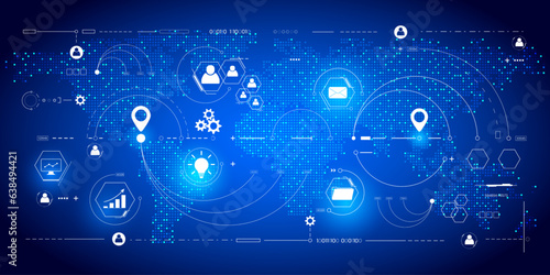 Abstract global data network connection business technology communication vector. World map square dot with privacy, security icon illustration.