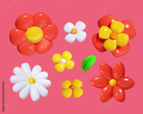 Set of 3d vector colorful flowers.