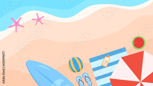Summer sea beach and island with beach chair, umbrella, ball, Inflatable flamingo, cloud, Hot air balloon, starfish, coconut tree, landscape background. Summertime style. Summer vector.