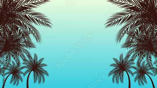 Vector of Silhouette coconut palm trees on beach at sunset. 