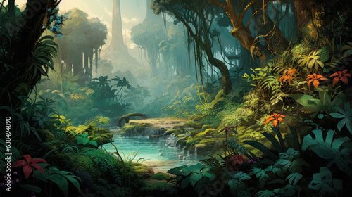tropical forest scene, digital painting of jungle with lots of trees, plants and flowers and lake, horizontal illustration of fantasy rainforest