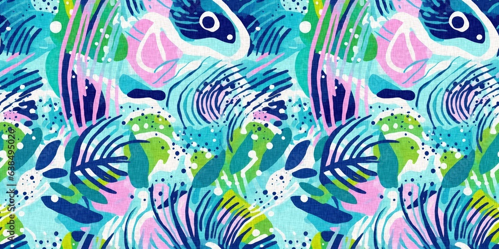 Tropical modern coastal pattern clash fabric coral reef border print for summer beach textile designs with a linen cotton effect. Seamless trendy underwater kelp and seaweed ribbon edge background Tropical modern coastal pattern clash fabric coral reef border print for summer beach textile designs with a linen cotton effect. Seamless trendy underwater kelp and seaweed ribbon edge background