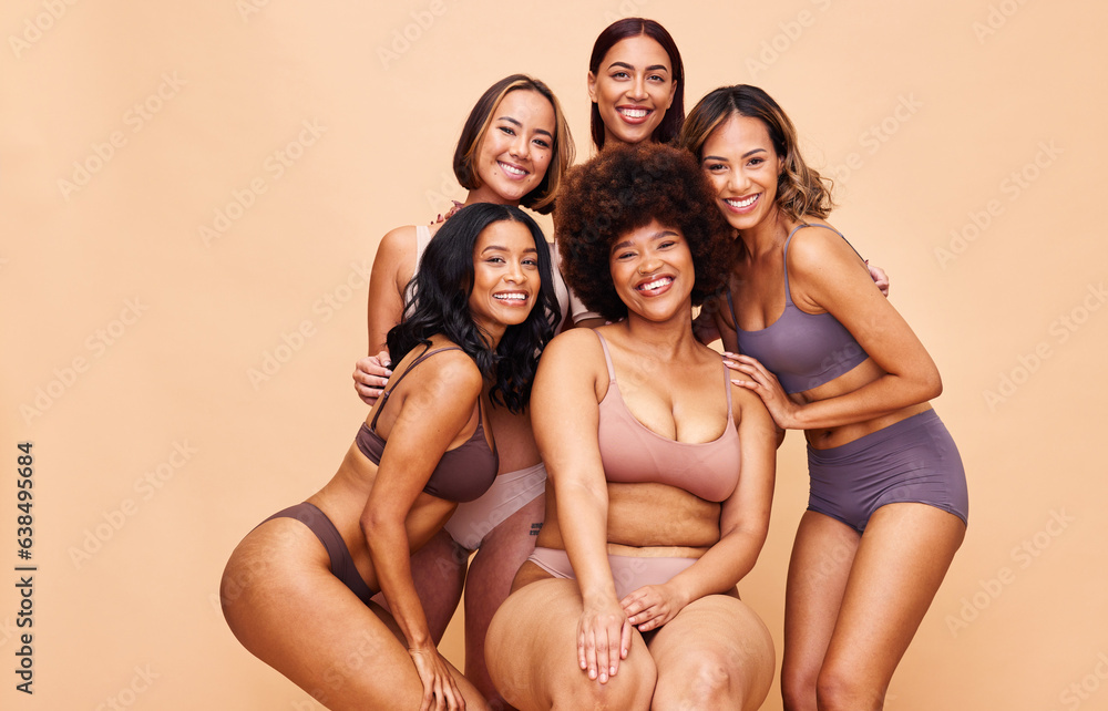 Fototapeta premium Portrait, diversity and women with beauty, cosmetics and body positivity on a beige studio background. Models, smile or group with self love, inclusion and wellness with health, aesthetic and friends
