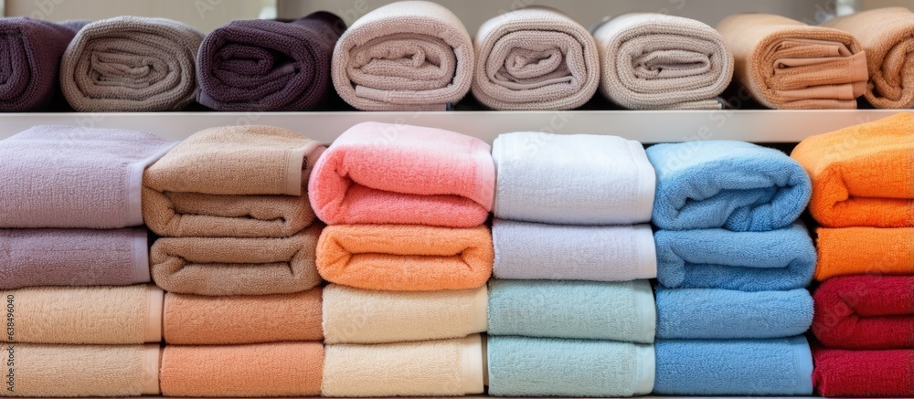 Numerous rolled towels available in housewares store Numerous rolled towels available in housewares store