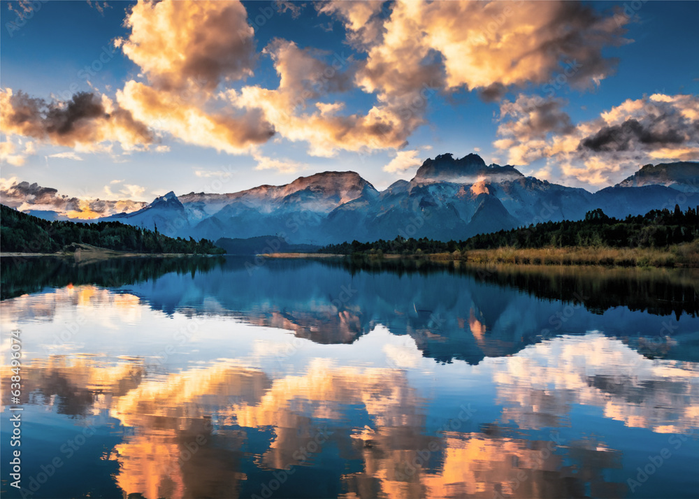 Mountain range with clouds in the sky and reflective water