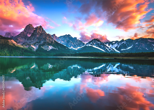 Mountain range with clouds in the sky and reflective water