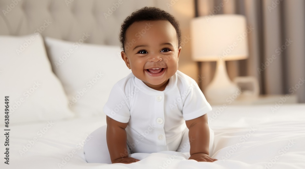 Adorable African American baby portrait in the bed Adorable African American baby portrait in the bed