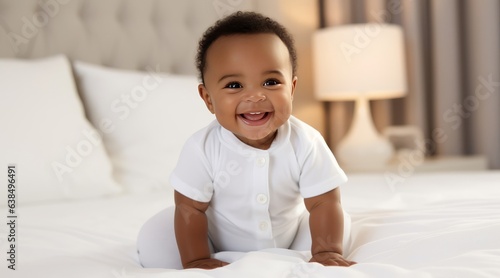 Adorable African American baby portrait in the bed