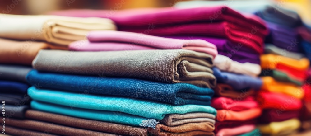 Close up top view of a colorful pile of fabric emphasizing the concept of DIY sewing and tailor work in home interiors Close up top view of a colorful pile of fabric emphasizing the concept of DIY sewing and tailor work in home interiors