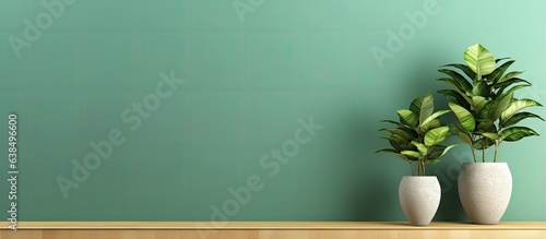 of plants on a green wall with wooden floor