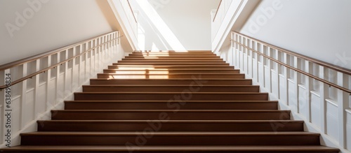 White stairs going both up and down with brown handrails © HN Works