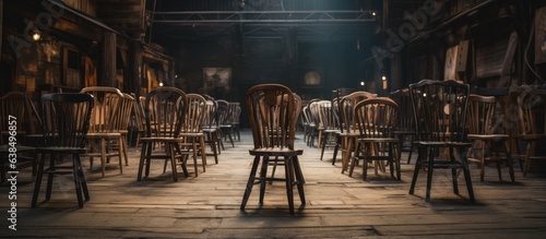 Aisles filled with antique wooden chairs