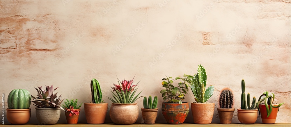 Various cacti displayed on table with brick wall backdrop for interior design Various cacti displayed on table with brick wall backdrop for interior design