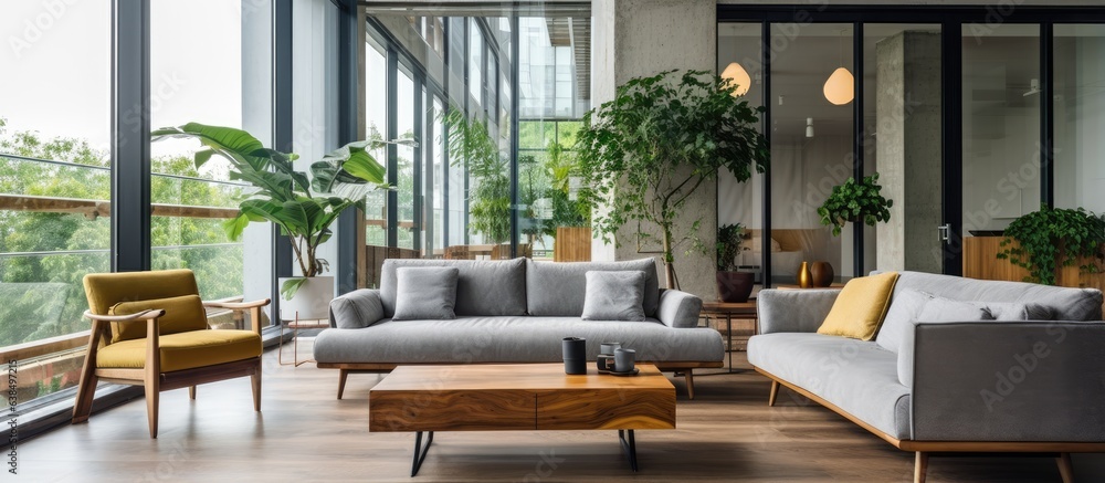 Fototapeta premium Modern apartment living room with potted plants near window featuring cozy sofas and a wooden table