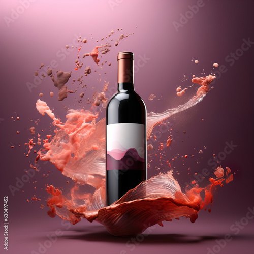 Bottle of red wine in liquid splash. Wine bottle mockup with blank white label, commercial red wine label template