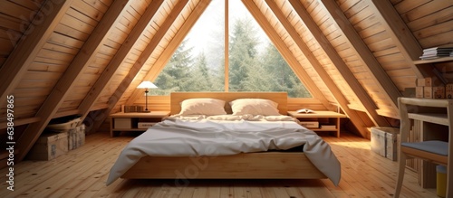 Wooden cabin with a double bed on carpeted floor pyramid shaped bungalow small room with angled walls window lighting neatly made bed and handmade wooden interior