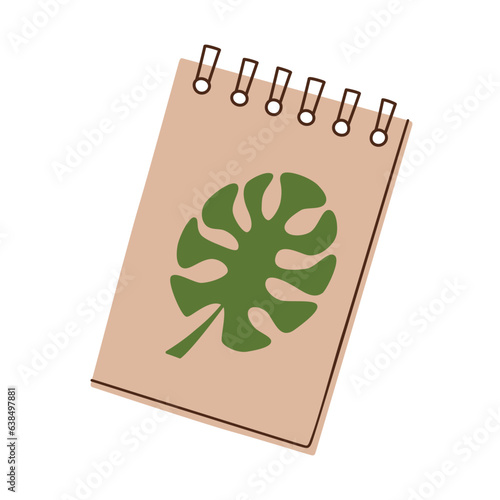 Notebook icon, vector doodle illustration of notepad with monstera leaf on cover, school supplies, personal organizer, stationery accessories, isolated colored clipart on white background