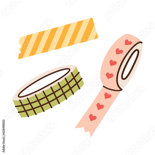 Washi tapes icons, vector doodle illustration of decorative tape rolls, colorful tools for crafting and scrapbooking, cartoon art supplies, isolated colored clipart on white background