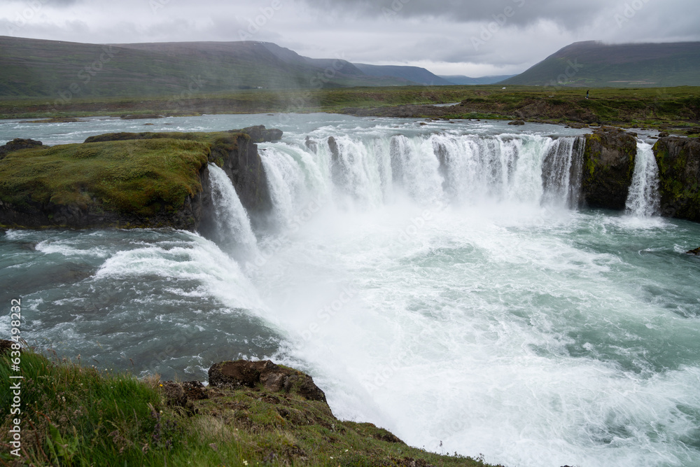 Beautiful Godafoss waterfall in Iceland, wide angle view Beautiful Godafoss waterfall in Iceland, wide angle view