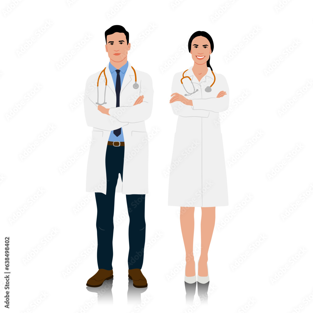 Hand-drawn male and female doctors in white coats. Happy smiling doctors with a stethoscopes. Healthcare workers pose. Different color options. Vector flat style illustration set isolated on white Hand-drawn male and female doctors in white coats. Happy smiling doctors with a stethoscopes. Healthcare workers pose. Different color options. Vector flat style illustration set isolated on white