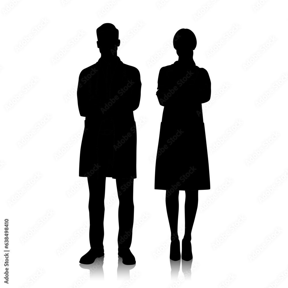 Silhouette of male and female doctors in white coats with a stethoscope. Healthcare workers pose. Different color options. Vector flat style illustration set isolated on white