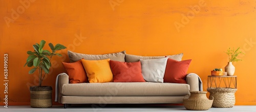 Wabi sabi living room with old orange wall and new couch real photo with copy space