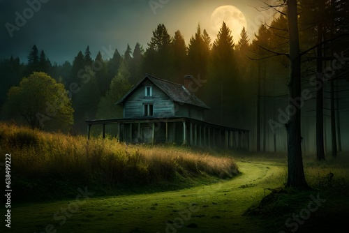 an abandoned old modern house on the edge of the forest the vegetation is dense and old a veil of mist is on the ground we see bats in the sky which is at dusk and it is the full moon the wind is slig