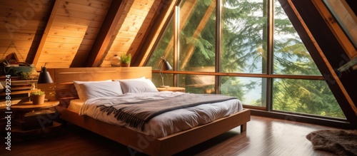 Wooden cabin with a double bed on carpeted floor pyramid shaped bungalow small room with angled walls window lighting neatly made bed and handmade wooden interior © HN Works
