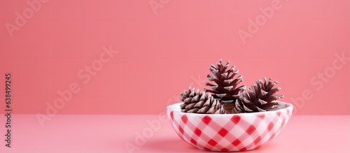 A handmade glass containing a fir cone placed on a pastel pink background Pottery design New Year s decoration Trendy colors Space for inscription and text photo