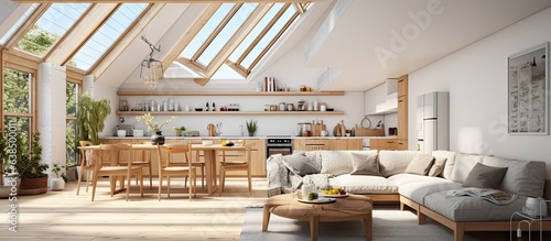 a sunlit loft with kitchen and sofa during summer © HN Works