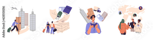 Residence permit concept set. Migration in different locations, people with citizenship documents leave, arrival country, resident with passport, id cards moving. Flat isolated vector illustration