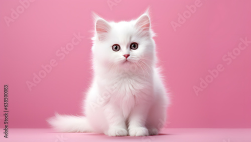 White cute kitten isolated on a pink background
