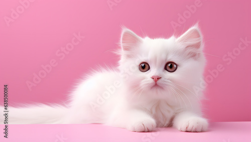 White cute kitten isolated on a pink background © Oksana