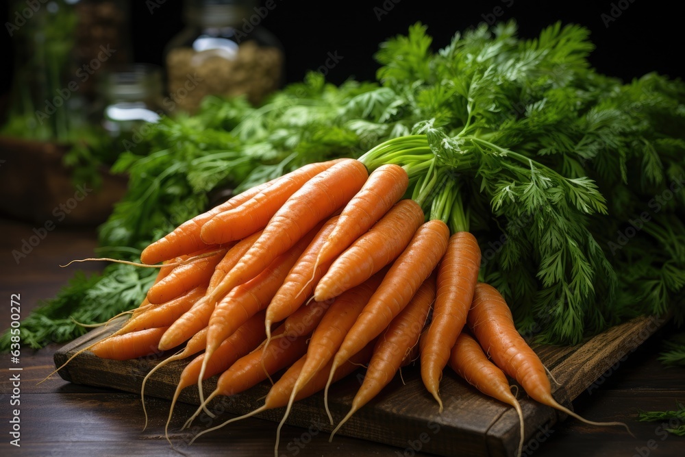 Bunch of carrots on wooden counter with fresh vegetables in farmers market or supermarket, close up Bunch of carrots on wooden counter with fresh vegetables in farmers market or supermarket, close up
