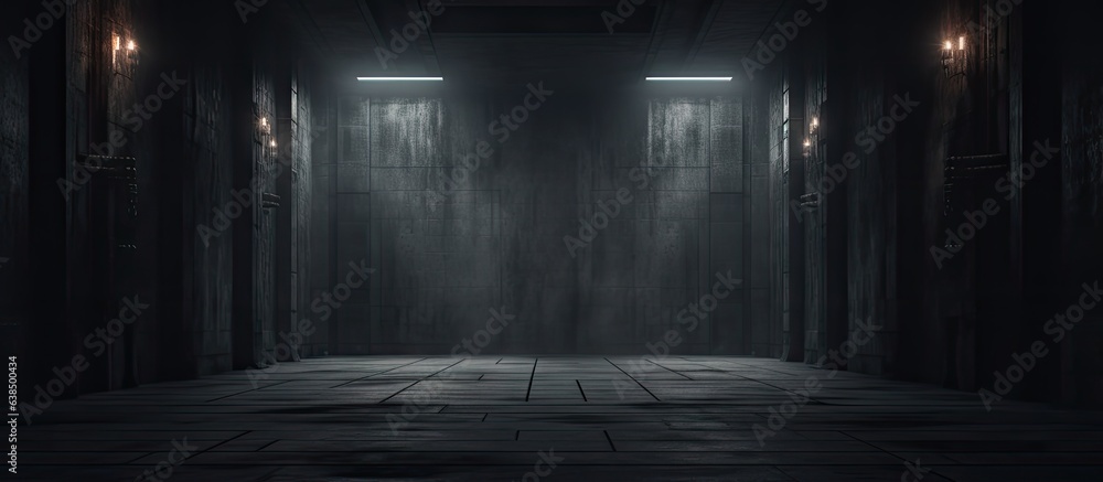 Position yourself at the opening of a dim hallway Position yourself at the opening of a dim hallway