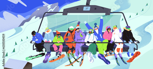 Ski elevator with different people. Men and women with snowboard lift to mountain on cableway, skier spend vacation in winter resort, girls and boys travel, sport lifestyle. Flat vector illustration