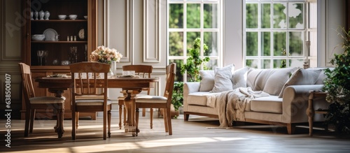 Classic wooden dining area with blurred furniture