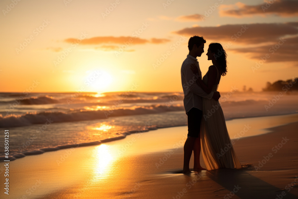 Romantic Beach Moments with Embracing Couple