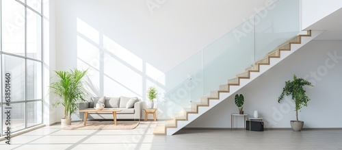 Modern house with white walls has a spacious room with a stairway that leads to a glass door living room © HN Works