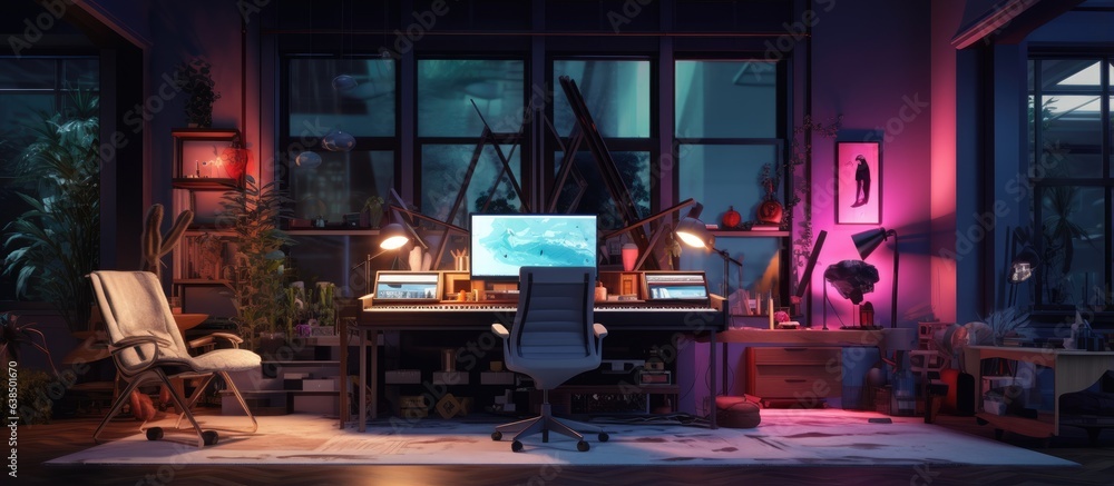 Nighttime studio with cozy style and RGB lighting creates a warm romantic atmosphere and includes work ready equipment