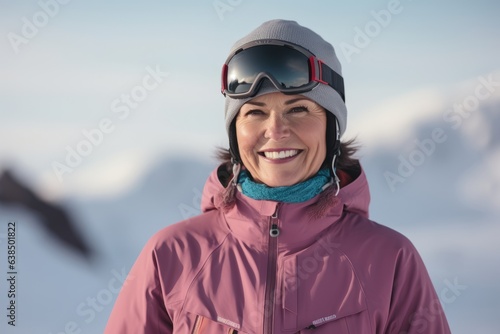 Portrait of smiling woman with snowboard helmet against mountains background. © Nerea