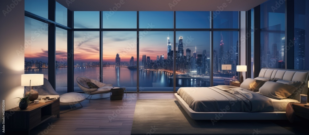 Stunning contemporary interior design for home and hotel bedrooms with incredible nocturnal city views