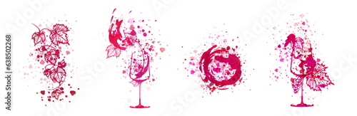 Colorful wine designs - Collection of wine glasses. Sketch vector illustration. Hand drawn elements for invitation cards, advertising banners and menus. Wine glasses with splashing wine. 