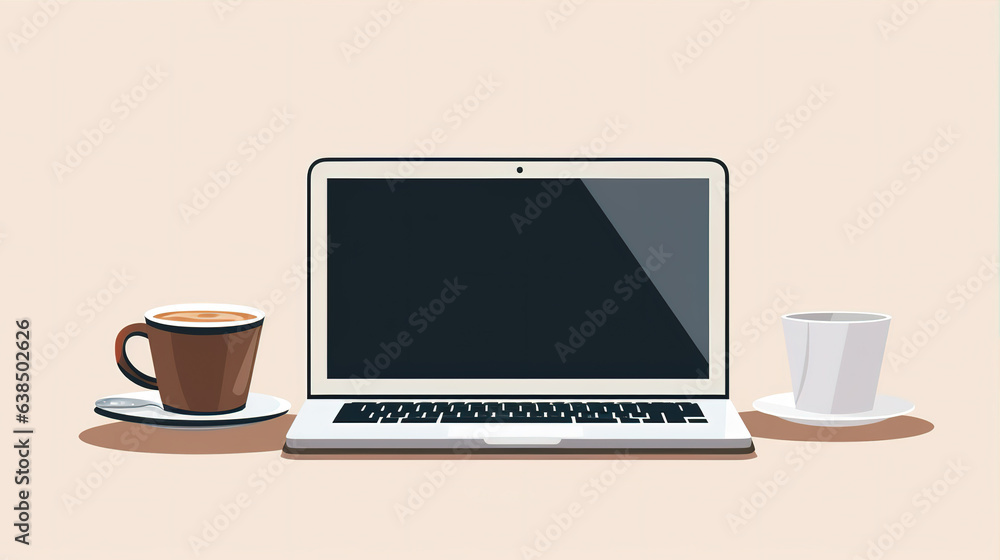 Laptop and Coffee: A close-up of a laptop next to a cup of coffee, symbolizing the start of a productive workday, Laptop and Coffee: A close-up of a laptop next to a cup of coffee, symbolizing the start of a productive workday,