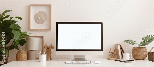 White table with computer coffee cup and picture frame in a stylish workspace © HN Works