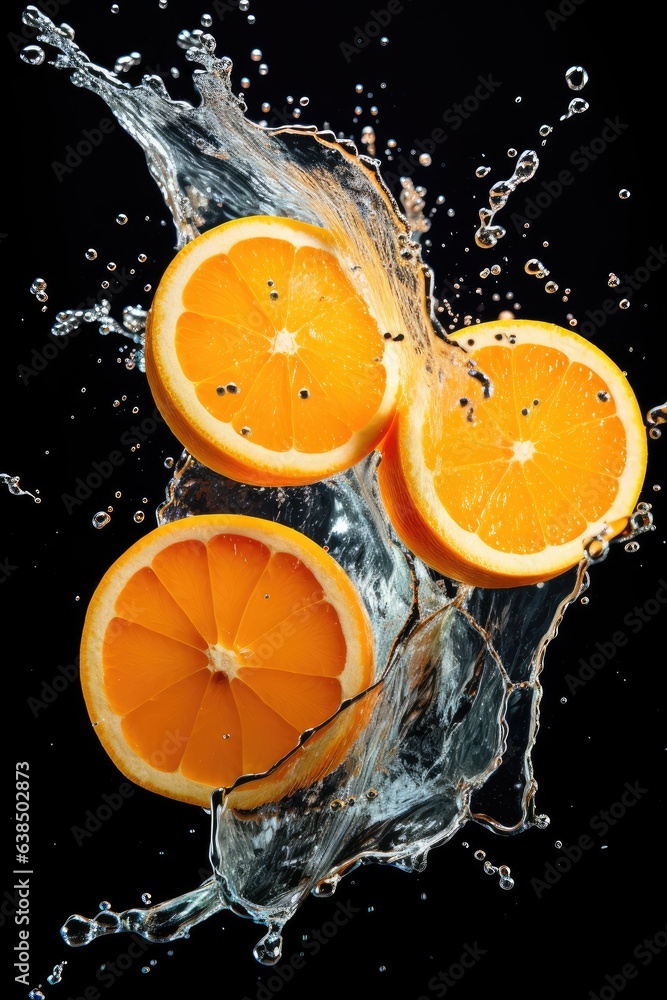 sliced flying orange with splash isolated on black background. AI Generated sliced flying orange with splash isolated on black background. AI Generated
