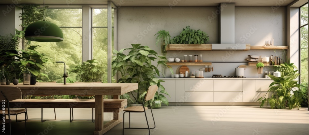 A serene indoor area and cooking area adorned with leafy plants